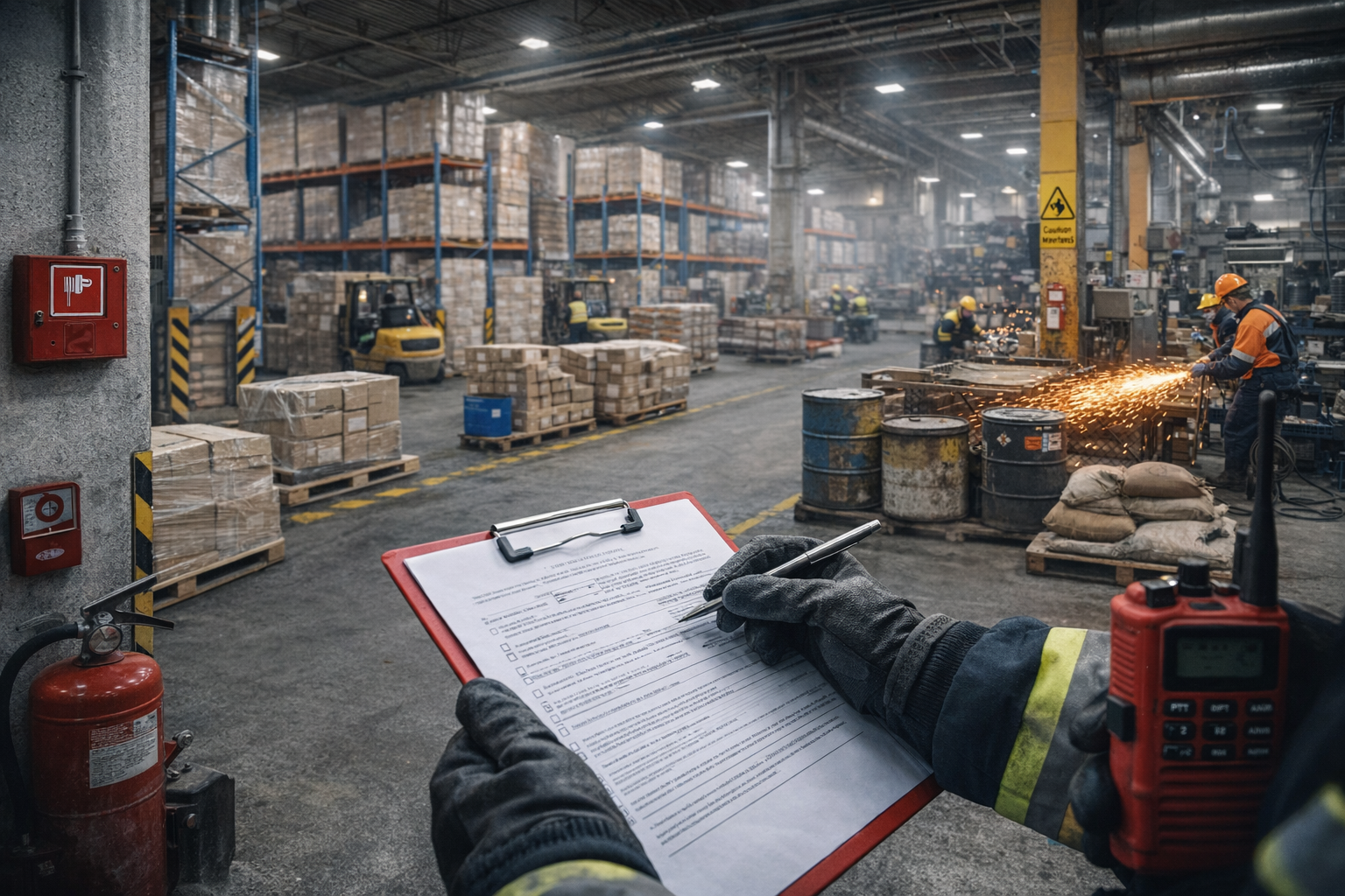 инженер заполняет чеклист на складе с работниками