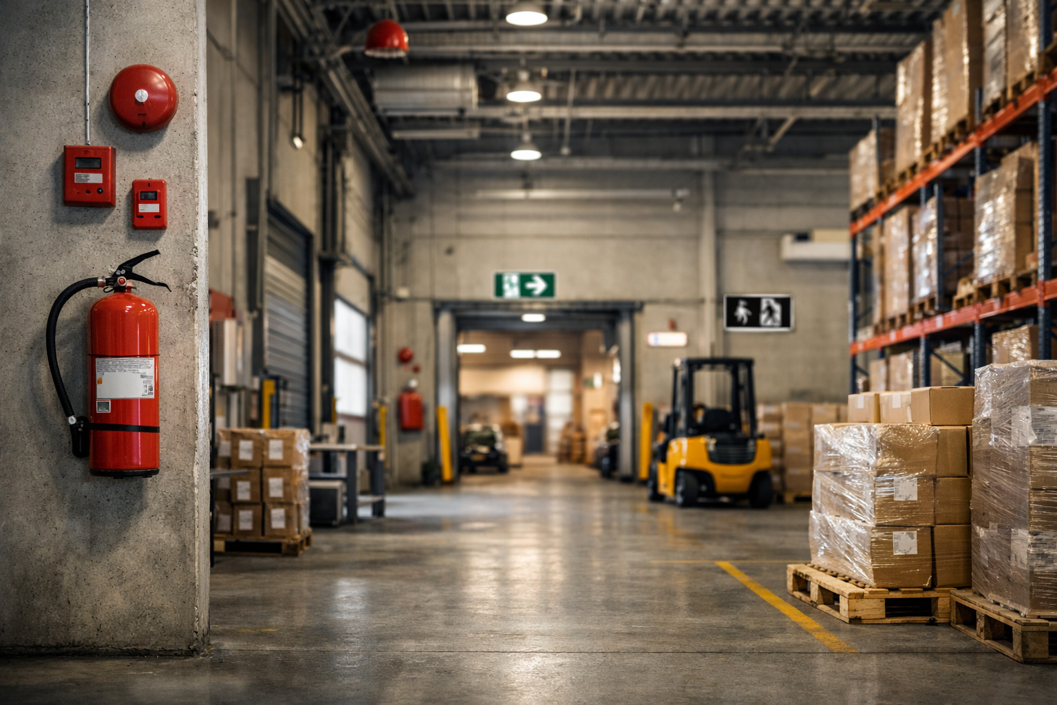 склад с паллетами коробок и погрузчиком