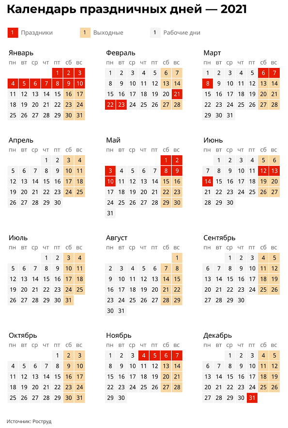 Календарь праздничных дней в 2021 году